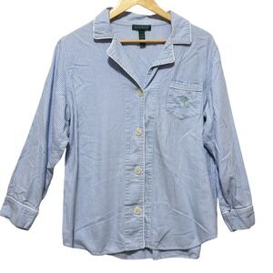 Lauren Ralph Lauren Women Pajama Top XL Blue Gingham Cotton Comfy Sleepwear Logo